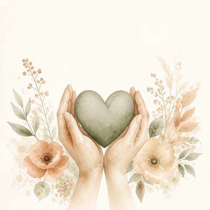 Ilustração em aquarela de mãos segurando um coração entre flores