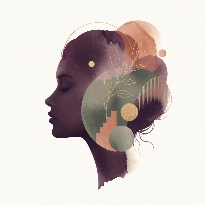 Ilustração em aquarela de um perfil feminino com formas geométricas internas