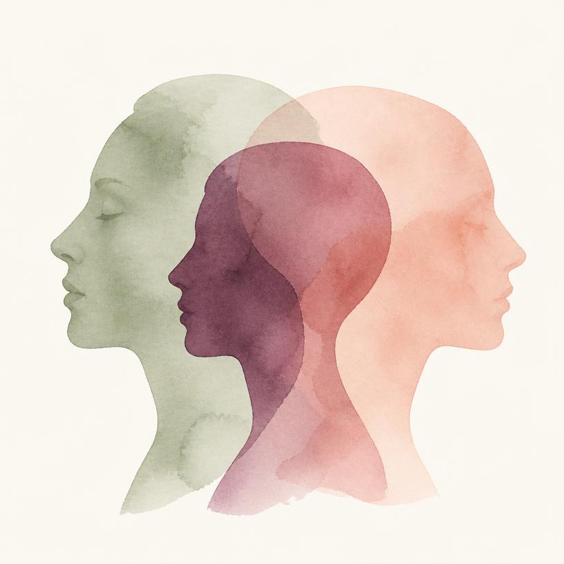 Ilustração em aquarela de três silhuetas de rostos sobrepostas